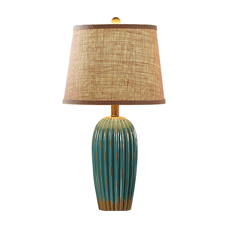 Rustic Red/Blue Ceramic Table Lamp With Tapered Drum Shade