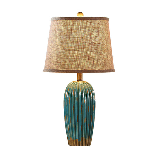 Rustic Red/Blue Ceramic Table Lamp With Tapered Drum Shade