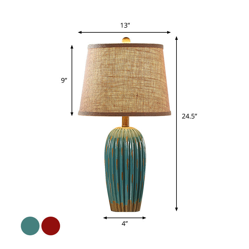 Rustic Red/Blue Ceramic Table Lamp With Tapered Drum Shade