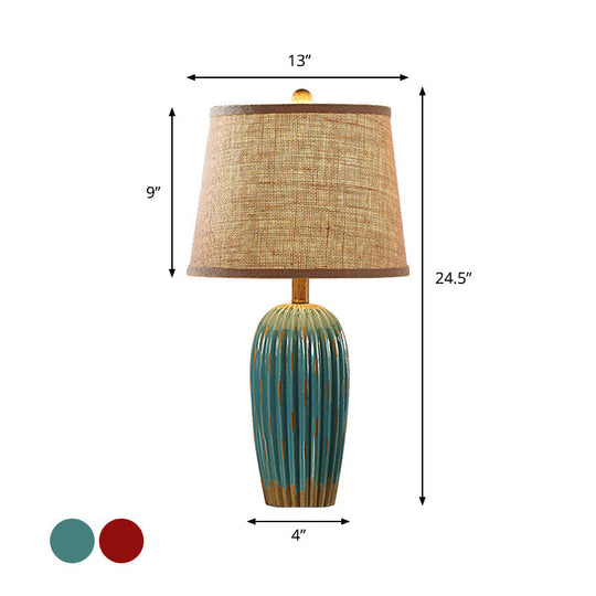 Rustic Red/Blue Ceramic Table Lamp With Tapered Drum Shade