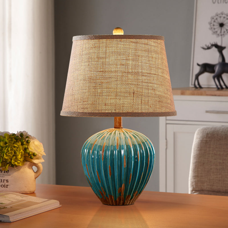 Rustic Red/Blue Ceramic Table Lamp With Tapered Drum Shade