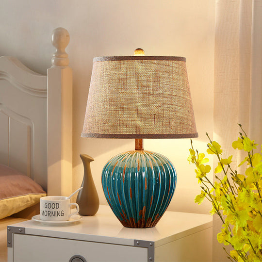 Rustic Red/Blue Ceramic Table Lamp With Tapered Drum Shade