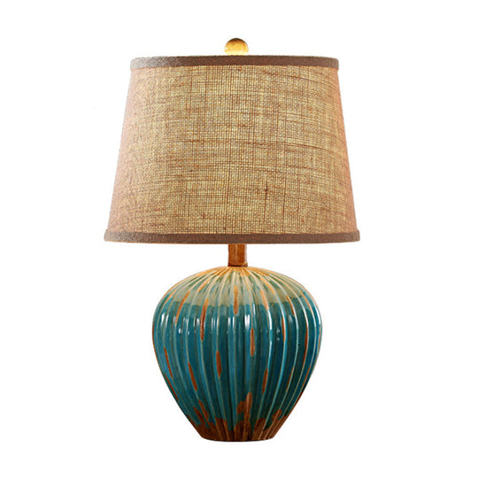 Rustic Red/Blue Ceramic Table Lamp With Tapered Drum Shade