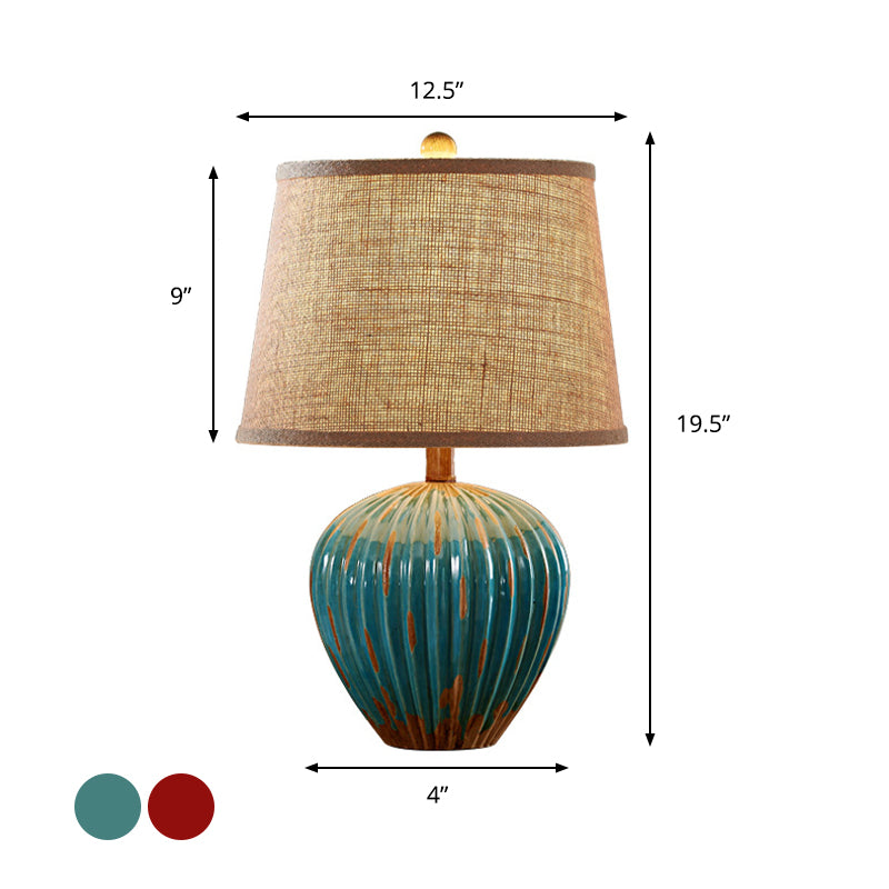 Rustic Red/Blue Ceramic Table Lamp With Tapered Drum Shade