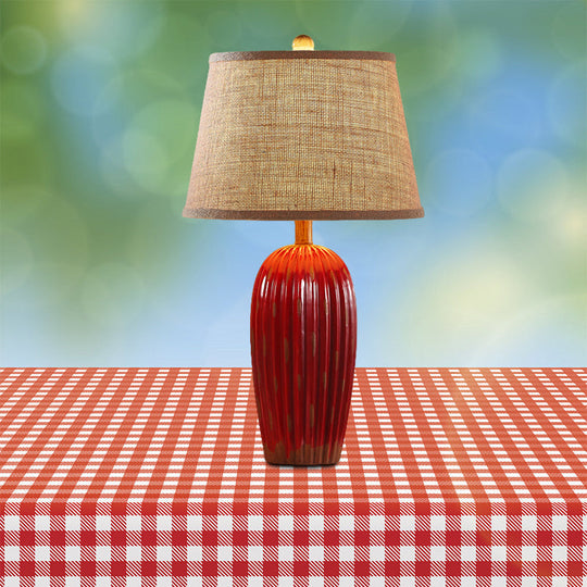 Rustic Red/Blue Ceramic Table Lamp With Tapered Drum Shade