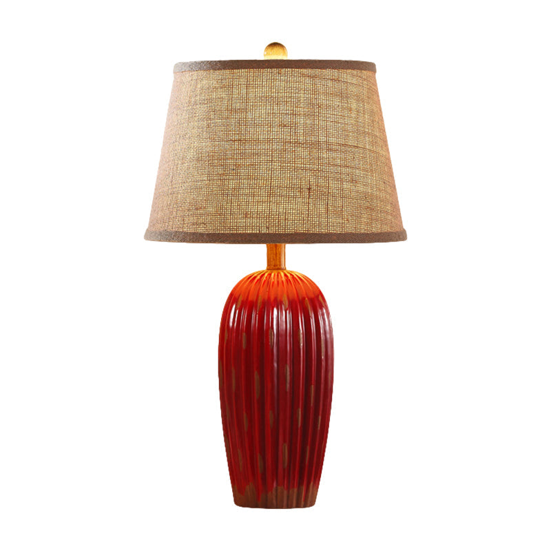 Rustic Red/Blue Ceramic Table Lamp With Tapered Drum Shade