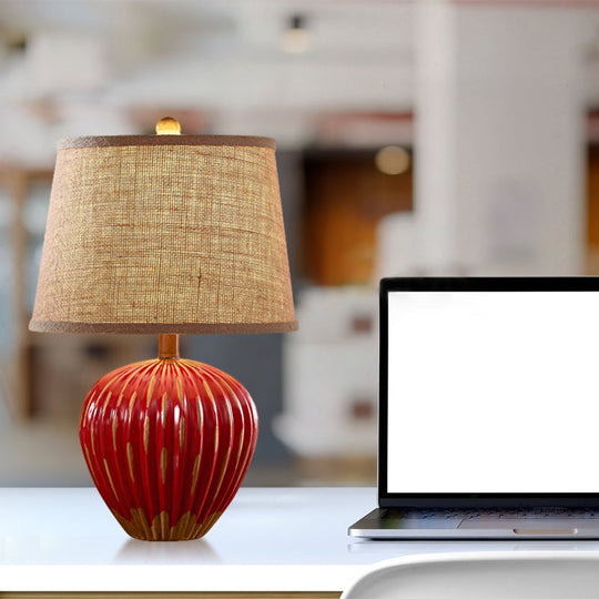 Rustic Red/Blue Ceramic Table Lamp With Tapered Drum Shade