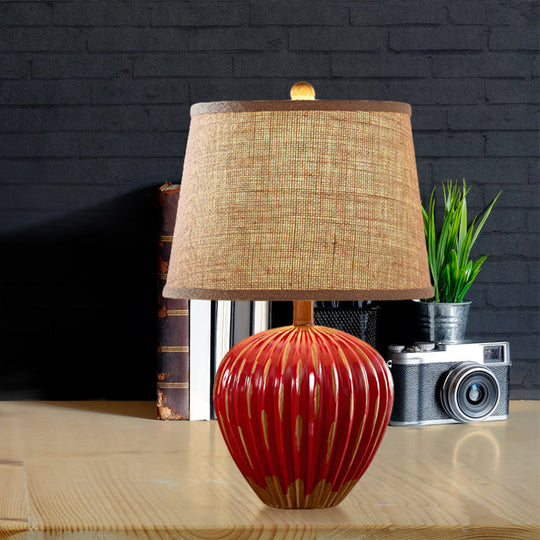 Rustic Red/Blue Ceramic Table Lamp With Tapered Drum Shade