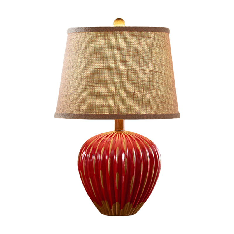 Rustic Red/Blue Ceramic Table Lamp With Tapered Drum Shade