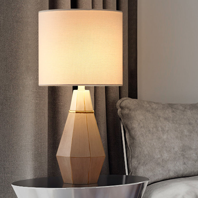 Countryside Fabric Bedside Night Lamp: Cylindrical Table Light With Resin Diamond Base - White 1