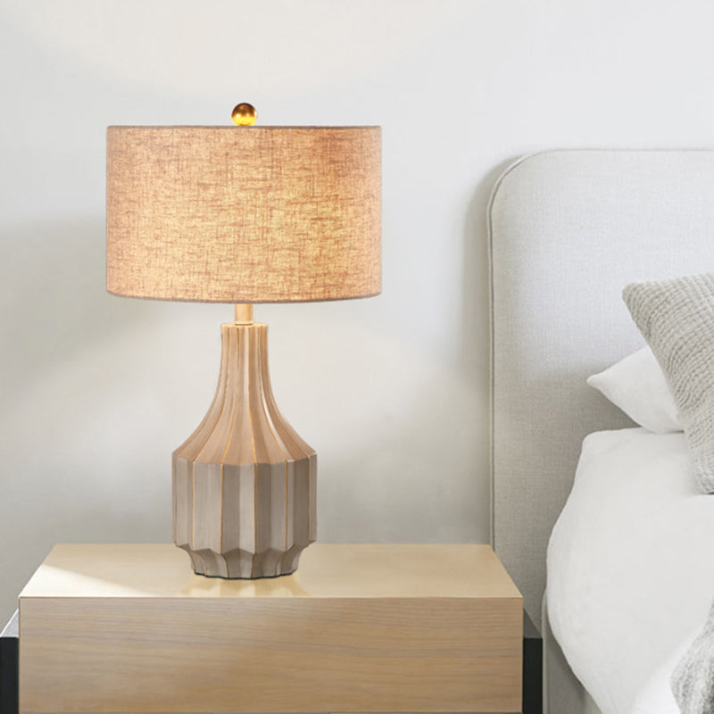 1-Light Lodge Beige/White Fabric Table Lamp With Pot Base - Perfect For Bedroom Nightstands Beige