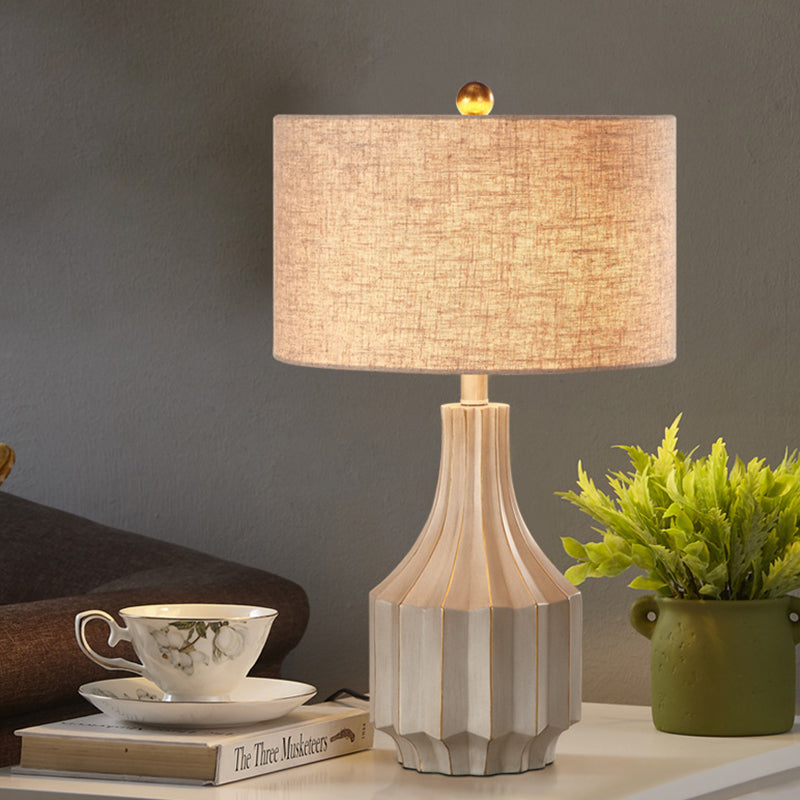 1-Light Lodge Beige/White Fabric Table Lamp With Pot Base - Perfect For Bedroom Nightstands