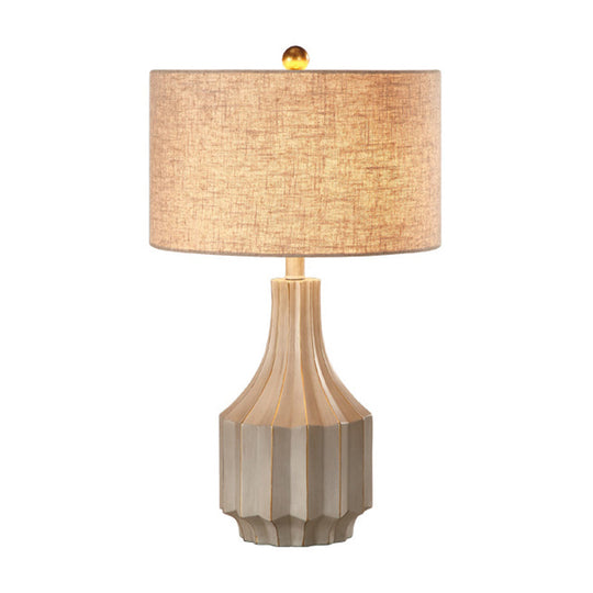 1-Light Lodge Beige/White Fabric Table Lamp With Pot Base - Perfect For Bedroom Nightstands