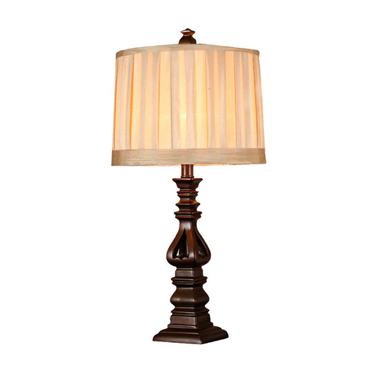 Rustic Red Brown Pleated Fabric Table Lamp: 1 Head Drum Shade Nightstand Light For Living Room