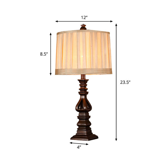 Rustic Red Brown Pleated Fabric Table Lamp: 1 Head Drum Shade Nightstand Light For Living Room