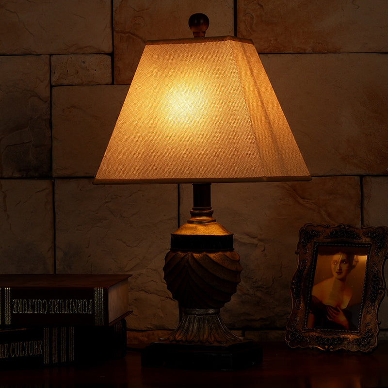 Rustic Pinecone Table Lamp With Resin Base And Trapezoid Fabric Shade Beige