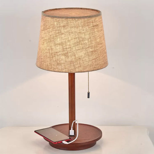 Flaxen Fabric Table Lamp With Usb Charging Port - 1-Light Bucket Pull Chain Night Light