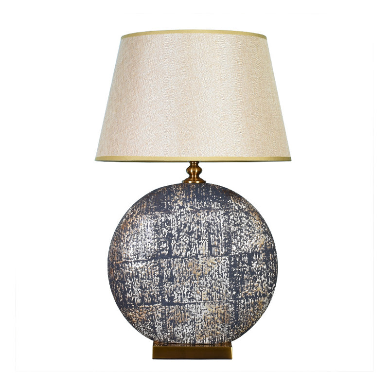 Beige Fabric Tapered Table Lamp For Living Room Nightstand With Distressed Round Base