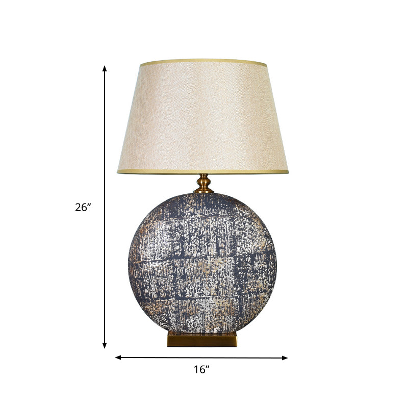 Beige Fabric Tapered Table Lamp For Living Room Nightstand With Distressed Round Base