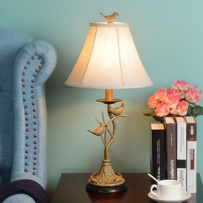 Country Khaki Table Lamp With Flared Fabric Shade - Charming Twig And Bird Accents