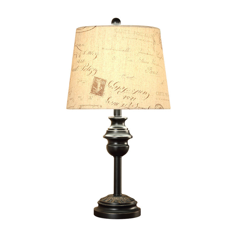 Rustic Tapered Drum Table Night Light With Single Bulb - Elegant Black Script Printed Fabric