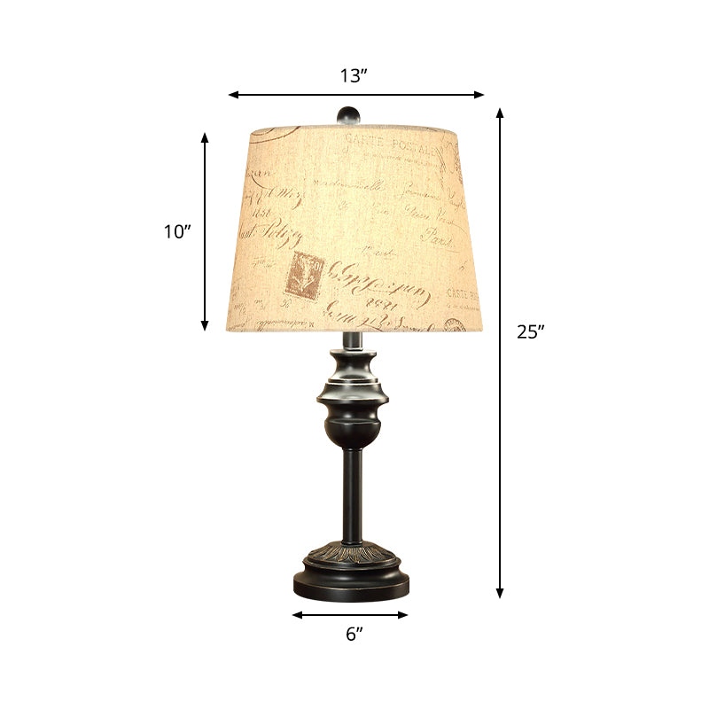 Rustic Tapered Drum Table Night Light With Single Bulb - Elegant Black Script Printed Fabric