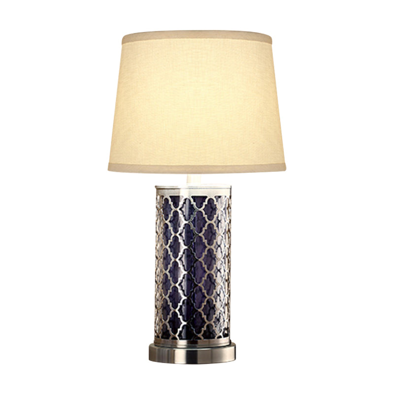 Nickel Finish Metal Table Lamp - Quatrefoil Cage Design 1-Light Nightstand Light With Fabric