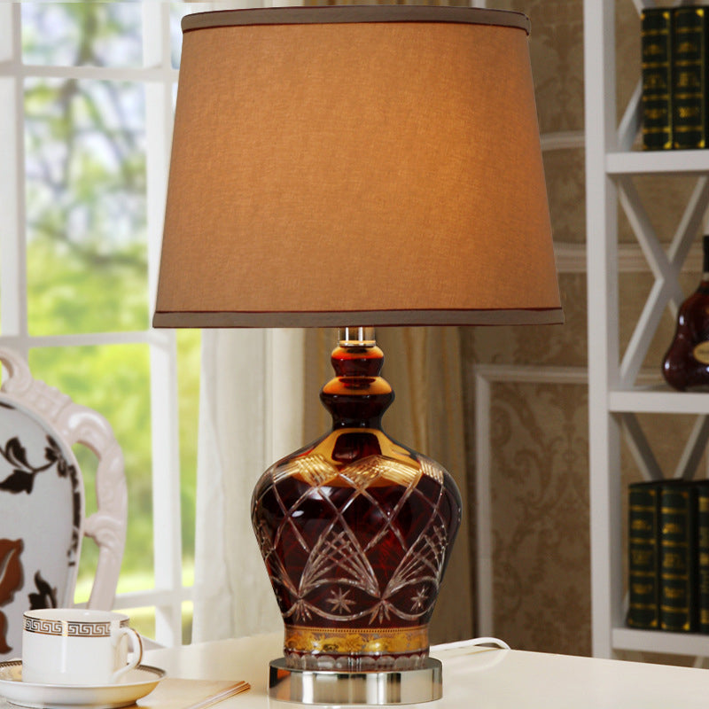 Brown Jug Farmhouse Ceramic Dining Room Table Lamp With Drum Shade