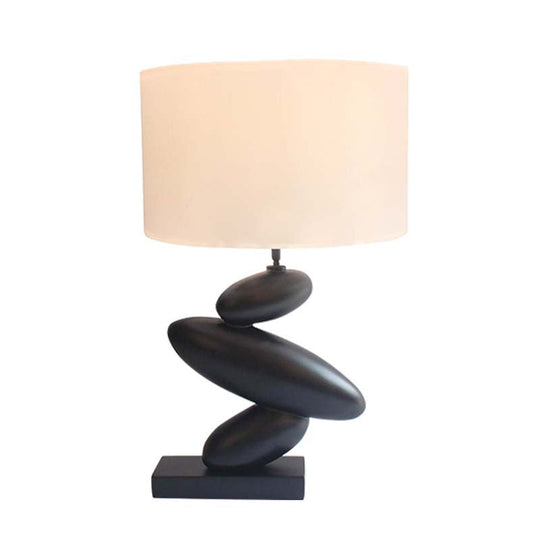 White Fabric Table Lamp With Black Cobble Base - Straight Sided Shade Night