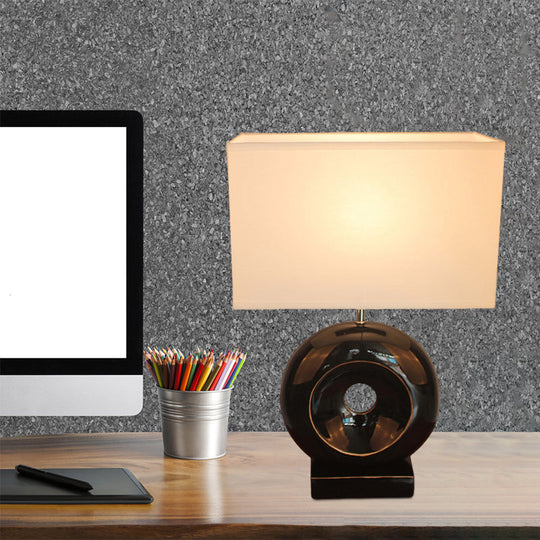 Transitional Resin Table Light With Silver/Black Finish Rectangle/Drum Fabric Shade And 1 Bulb