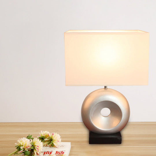 Transitional Resin Table Light With Silver/Black Finish Rectangle/Drum Fabric Shade And 1 Bulb