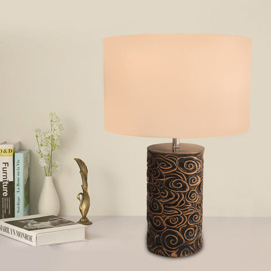 Vintage Bronze Resin Table Lamp With Scroll Patterned Pillar And Round Fabric Shade - Bedroom Night