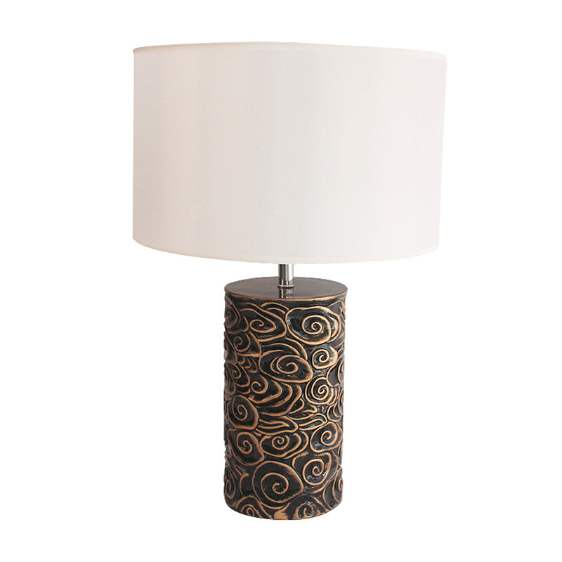 Vintage Bronze Resin Table Lamp With Scroll Patterned Pillar And Round Fabric Shade - Bedroom Night