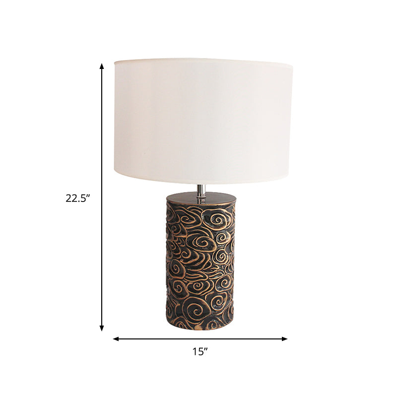 Vintage Bronze Resin Table Lamp With Scroll Patterned Pillar And Round Fabric Shade - Bedroom Night