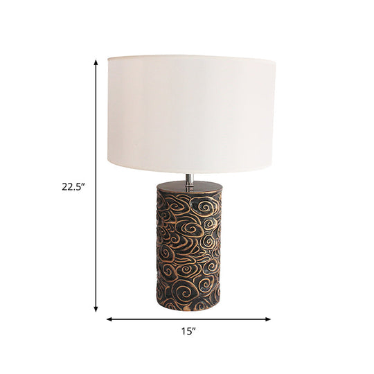 Vintage Bronze Resin Table Lamp With Scroll Patterned Pillar And Round Fabric Shade - Bedroom Night