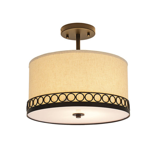 Traditional Drum Fabric Ceiling Light Fixture in Black for Bedroom Semi-Mount