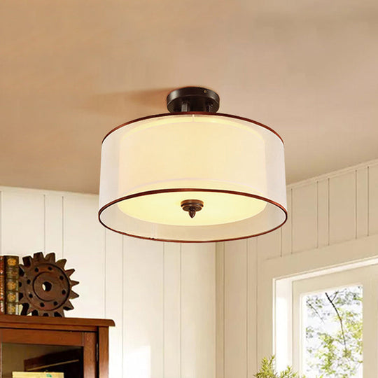 Classic Style Double Drum Shade Semi Flush Ceiling Mounted Fixture - 3/5 Lights, Black, 16"/19.5" Wide