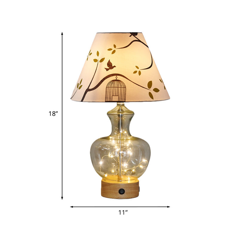 Contemporary Clear Glass Urn Night Lamp With Cone Fabric Shade - Ideal 1-Bulb Table Light For