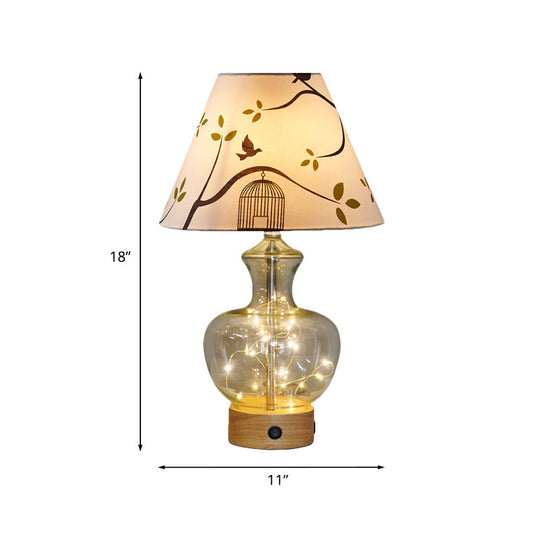 Contemporary Clear Glass Urn Night Lamp With Cone Fabric Shade - Ideal 1-Bulb Table Light For