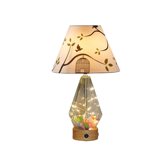 Contemporary Clear Glass Urn Night Lamp With Cone Fabric Shade - Ideal 1-Bulb Table Light For