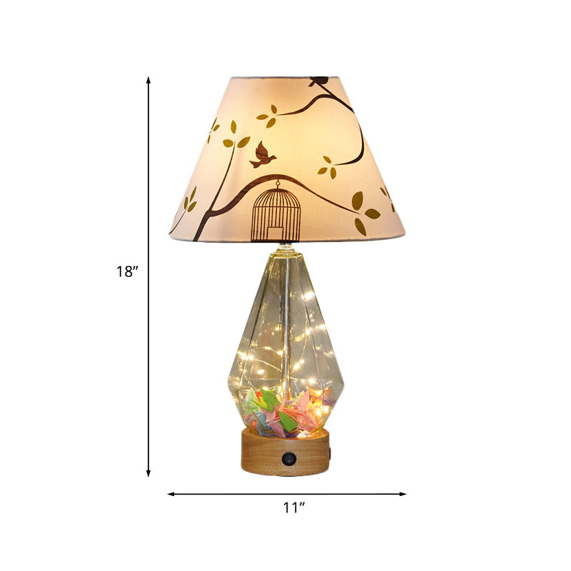 Contemporary Clear Glass Urn Night Lamp With Cone Fabric Shade - Ideal 1-Bulb Table Light For