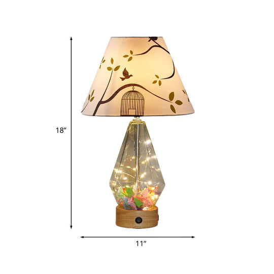 Contemporary Clear Glass Urn Night Lamp With Cone Fabric Shade - Ideal 1-Bulb Table Light For