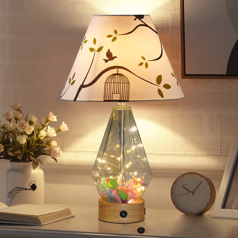 Contemporary Clear Glass Urn Night Lamp With Cone Fabric Shade - Ideal 1-Bulb Table Light For