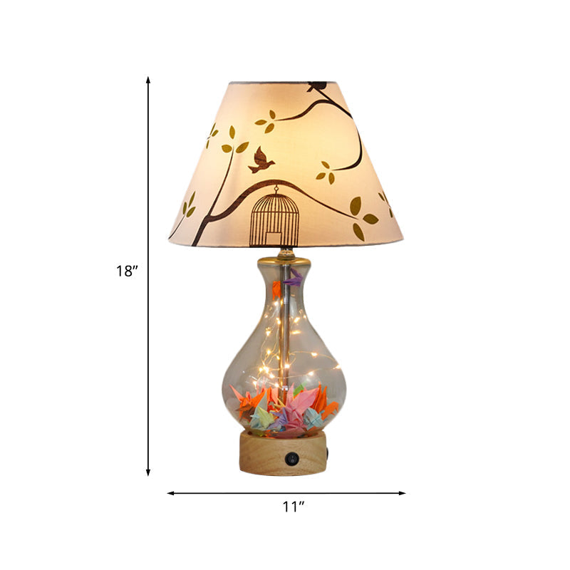 Contemporary Clear Glass Urn Night Lamp With Cone Fabric Shade - Ideal 1-Bulb Table Light For