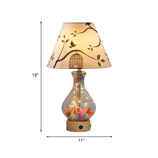 Contemporary Clear Glass Urn Night Lamp With Cone Fabric Shade - Ideal 1-Bulb Table Light For