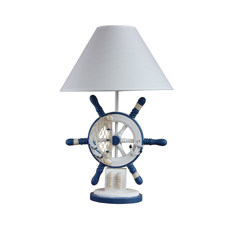 Mediterranean Style Wood Rudder Night Lamp - Single Blue Table Light With Cone Fabric Shade