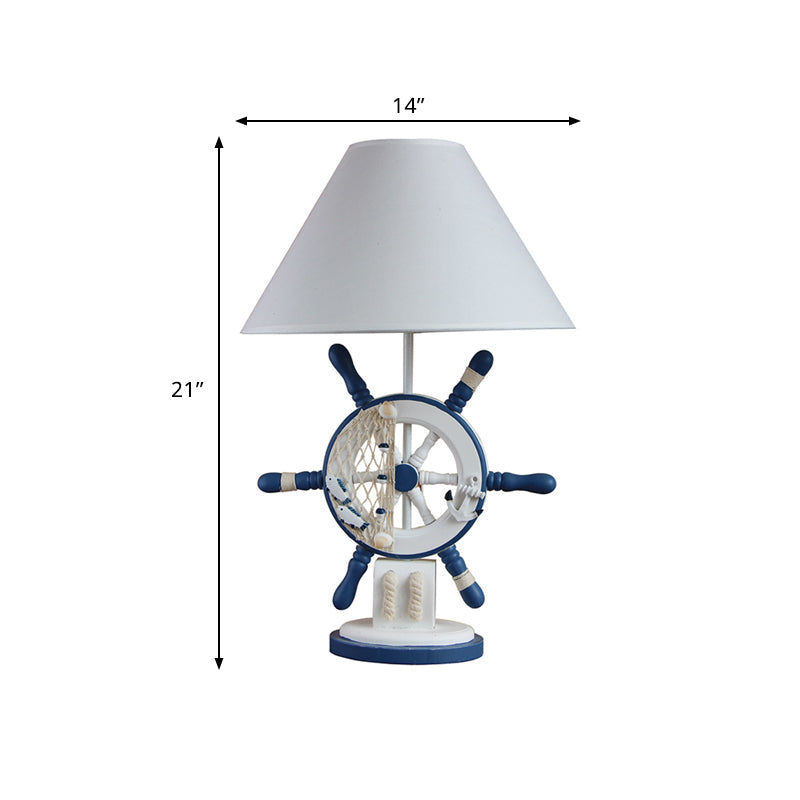 Mediterranean Style Wood Rudder Night Lamp - Single Blue Table Light With Cone Fabric Shade