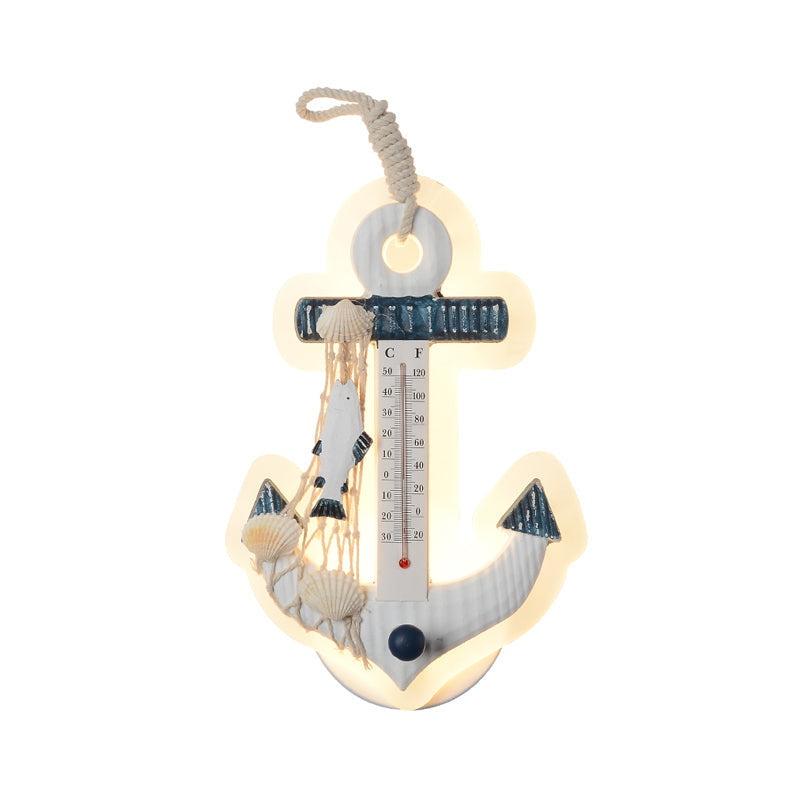 Wooden Anchor Sconce Light: Led Blue-White Wall Mounted Lamp - Mediterranean Inspired Fixture