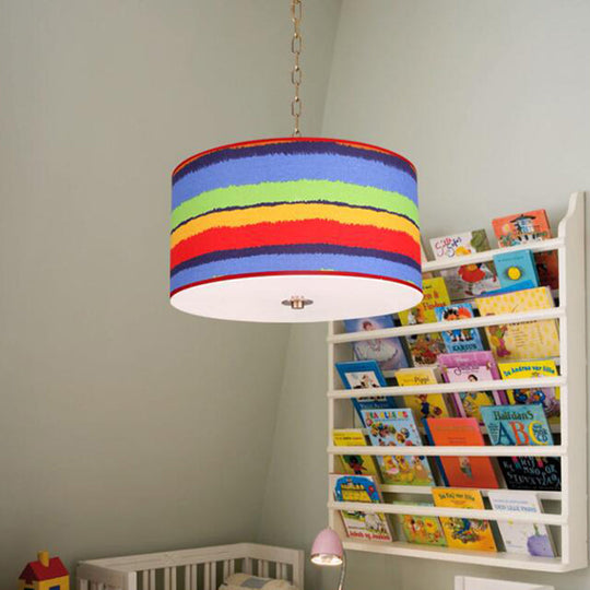 Kids Red And Blue Drum Ceiling Light - 1-Light Fabric Hanging Pendant For Bedroom