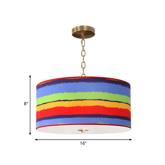 Kids Red And Blue Drum Ceiling Light - 1-Light Fabric Hanging Pendant For Bedroom